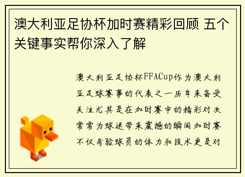 澳大利亚足协杯加时赛精彩回顾 五个关键事实帮你深入了解